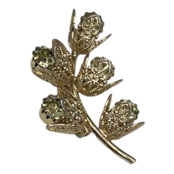 Vintage Green Crystal Goldtone Floral Flower Brooch Pin - Picture 1 of 8